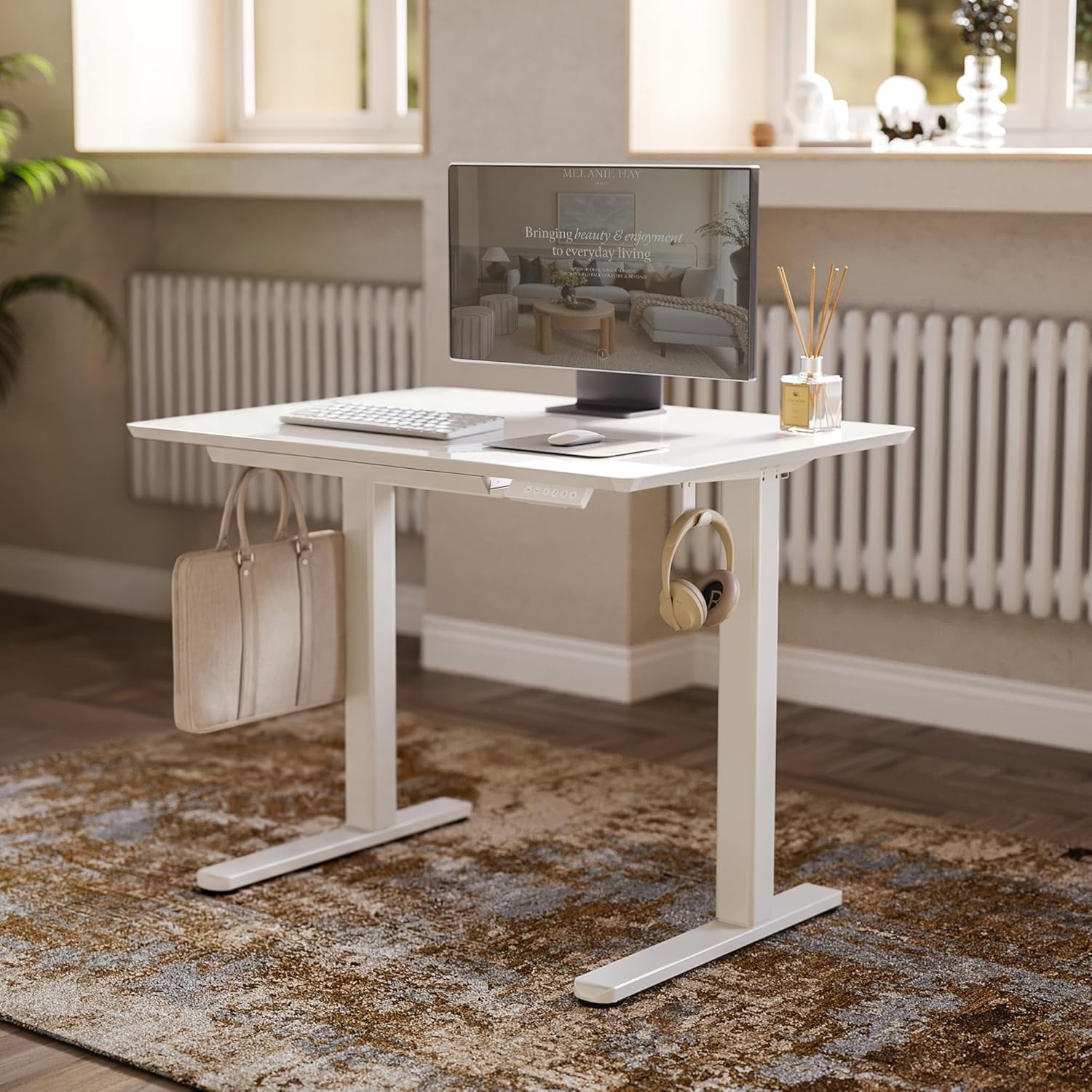 image:imageClaiks Glass Standing Desk with Drawers 4024 Inch Adjustable Stand Up Desk Quick Install Home Office Computer Desk WhiteSuper White