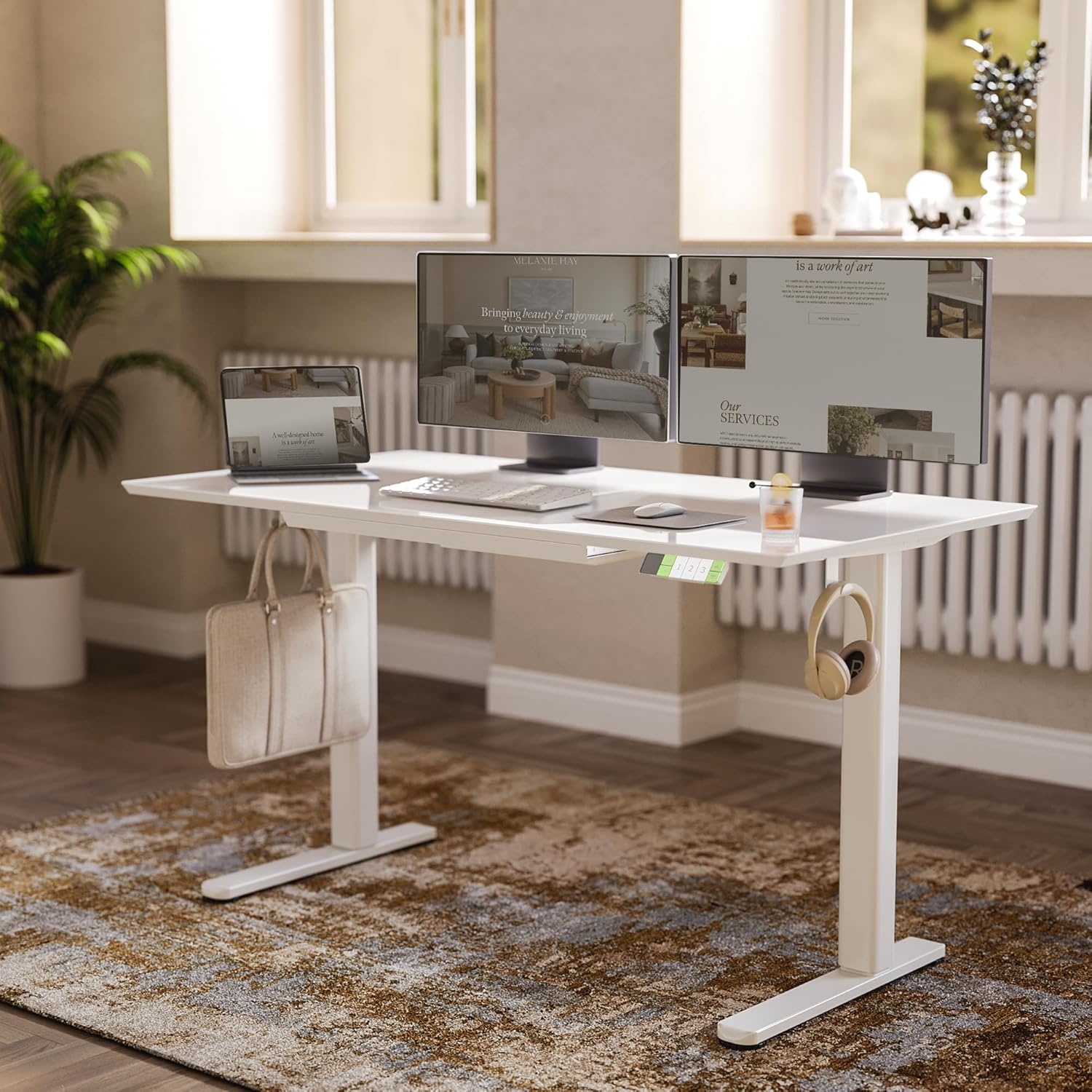 image:imageClaiks Glass Standing Desk with Drawers 4024 Inch Adjustable Stand Up Desk Quick Install Home Office Computer Desk WhiteSuper White
