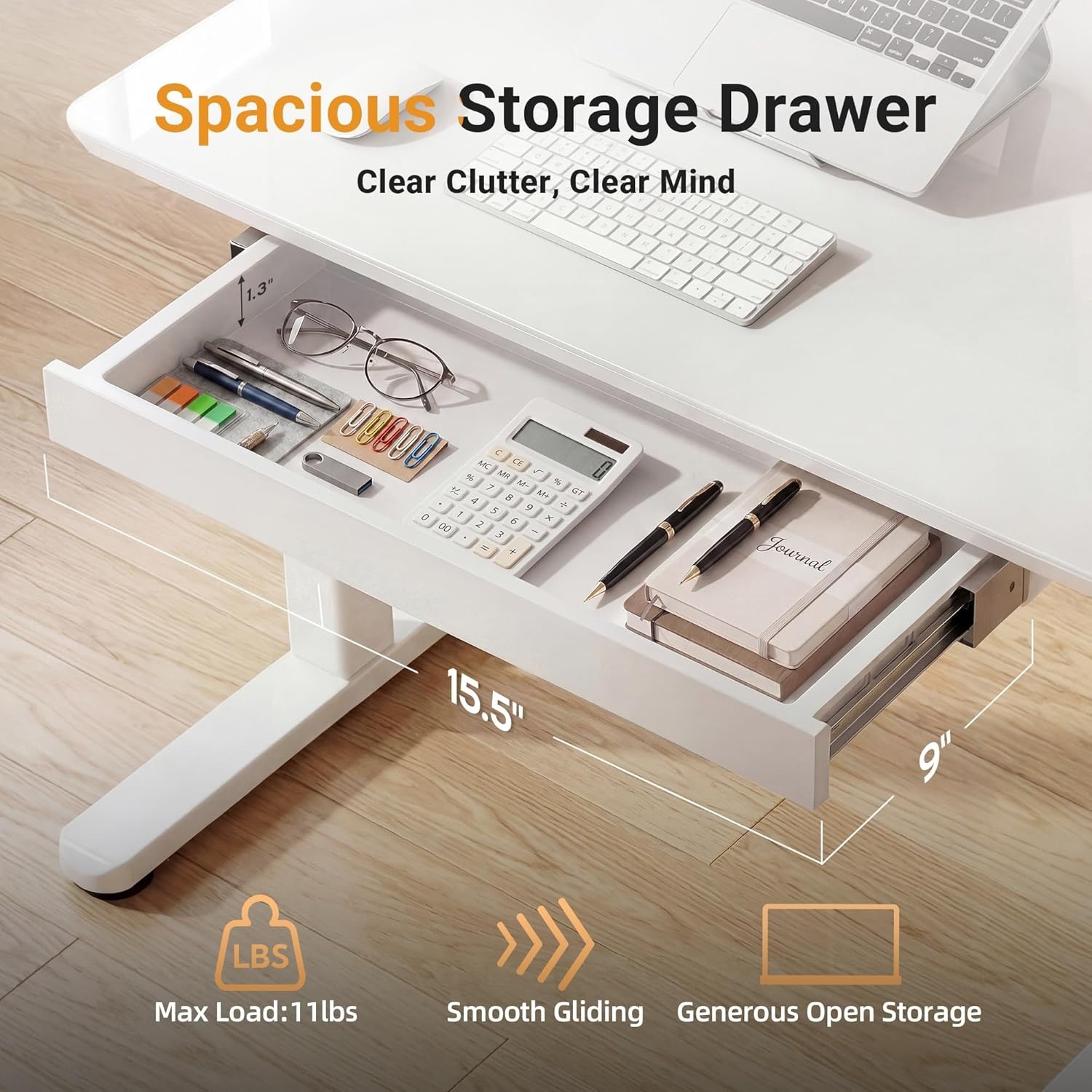 image:imageClaiks Glass Standing Desk with Drawers 4024 Inch Adjustable Stand Up Desk Quick Install Home Office Computer Desk WhiteSuper White
