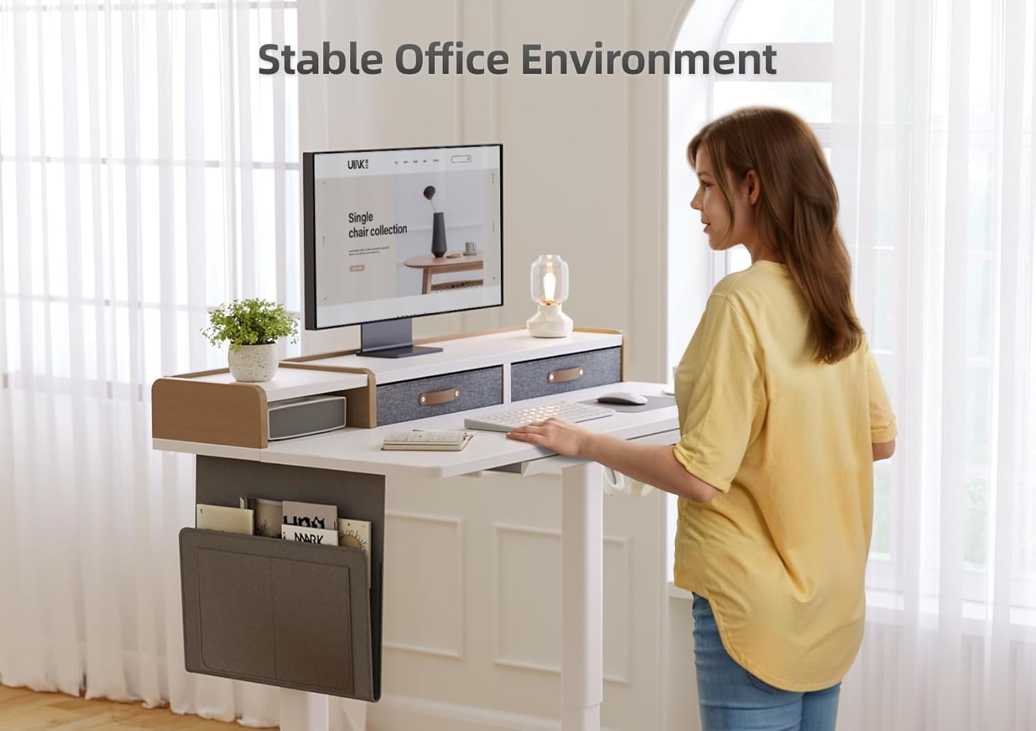 image:imageClaiks Standing Desk with Drawers amp Power Outlet 48 Height Adjustable Computer Desk with USB C Port Sit Stand Home Office Desk with Monitor Stand Storage Shelves amp Side Bag WhiteWhite