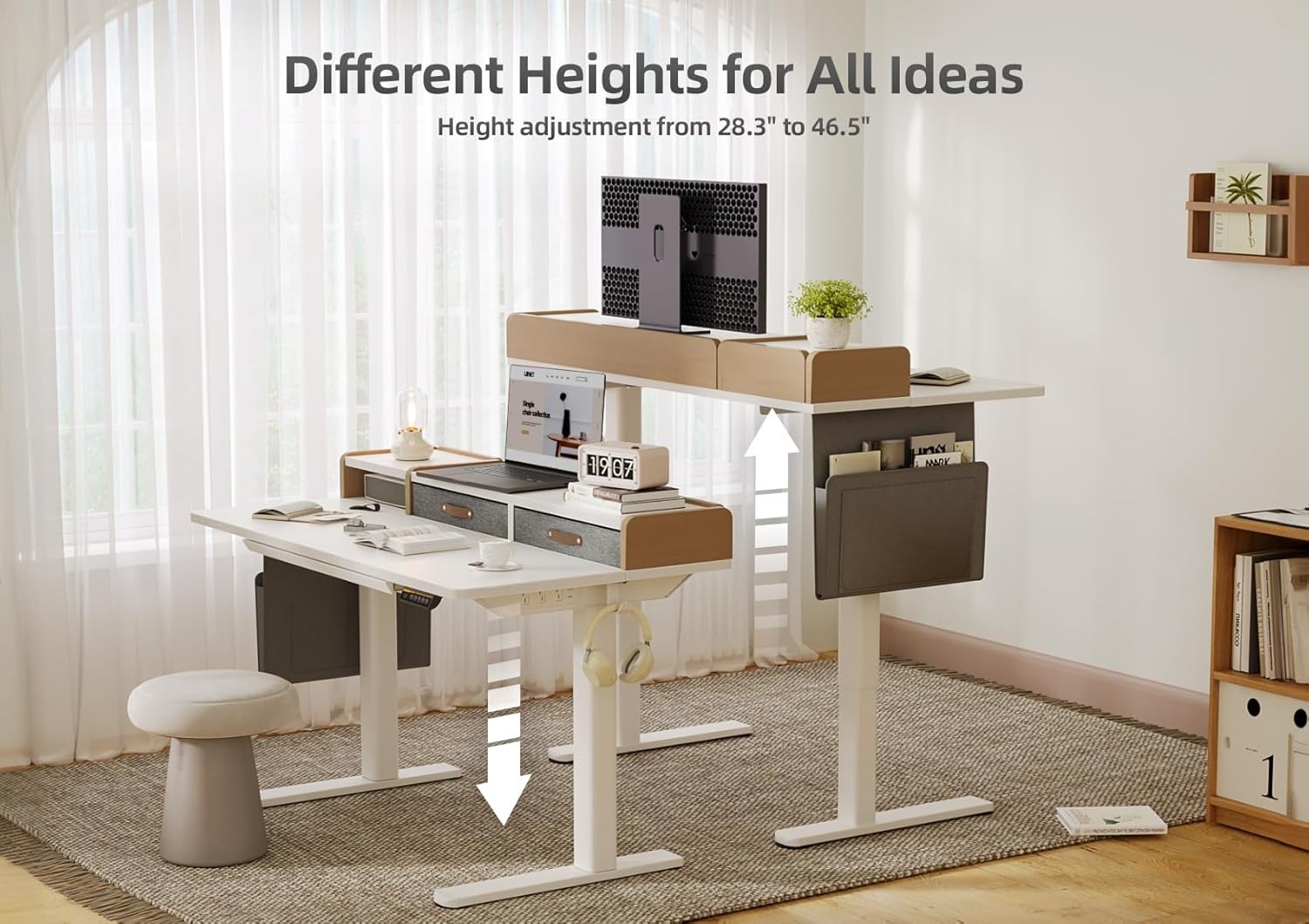 image:imageClaiks Standing Desk with Drawers amp Power Outlet 48 Height Adjustable Computer Desk with USB C Port Sit Stand Home Office Desk with Monitor Stand Storage Shelves amp Side Bag WhiteWhite