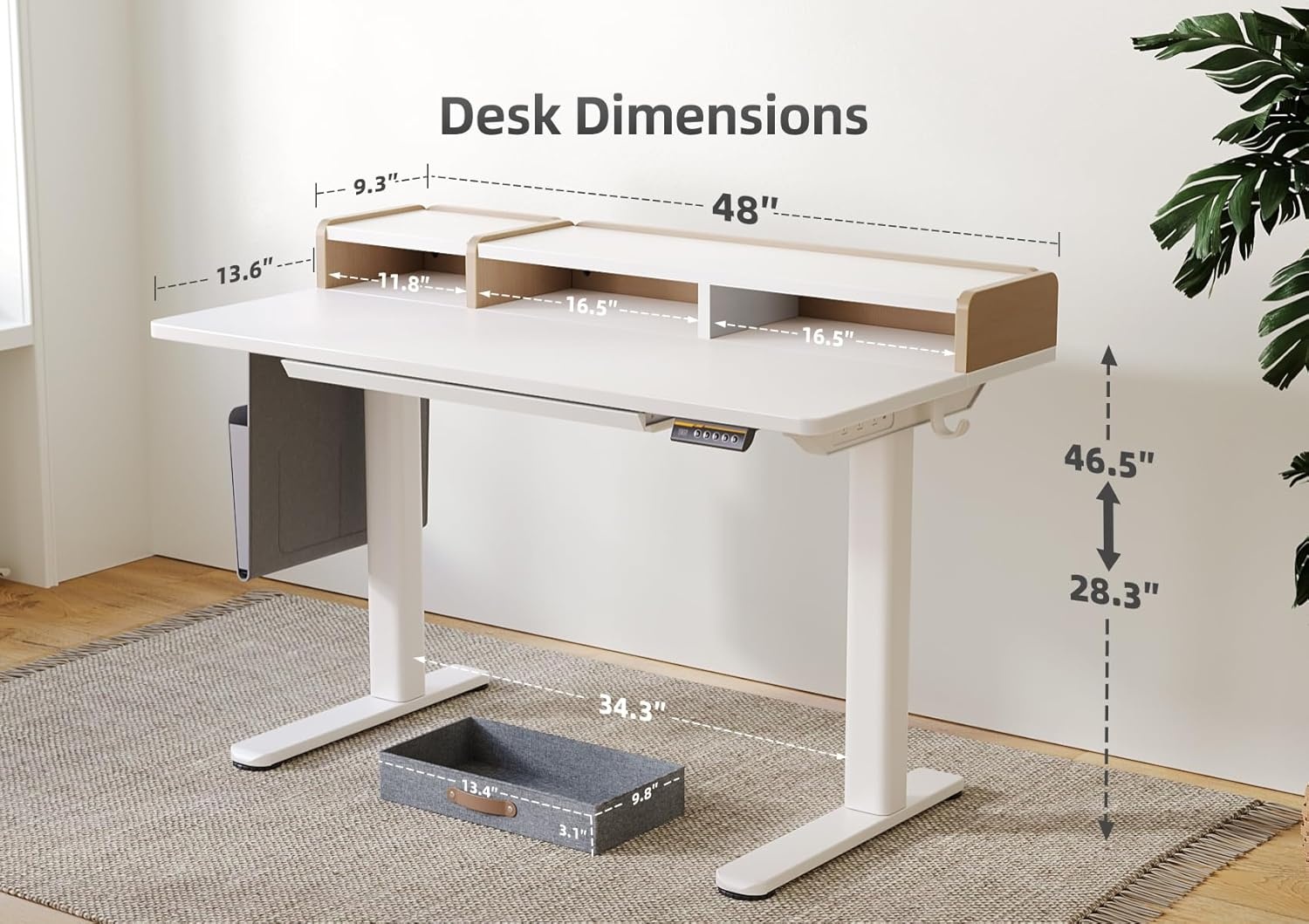image:imageClaiks Standing Desk with Drawers amp Power Outlet 48 Height Adjustable Computer Desk with USB C Port Sit Stand Home Office Desk with Monitor Stand Storage Shelves amp Side Bag WhiteWhite