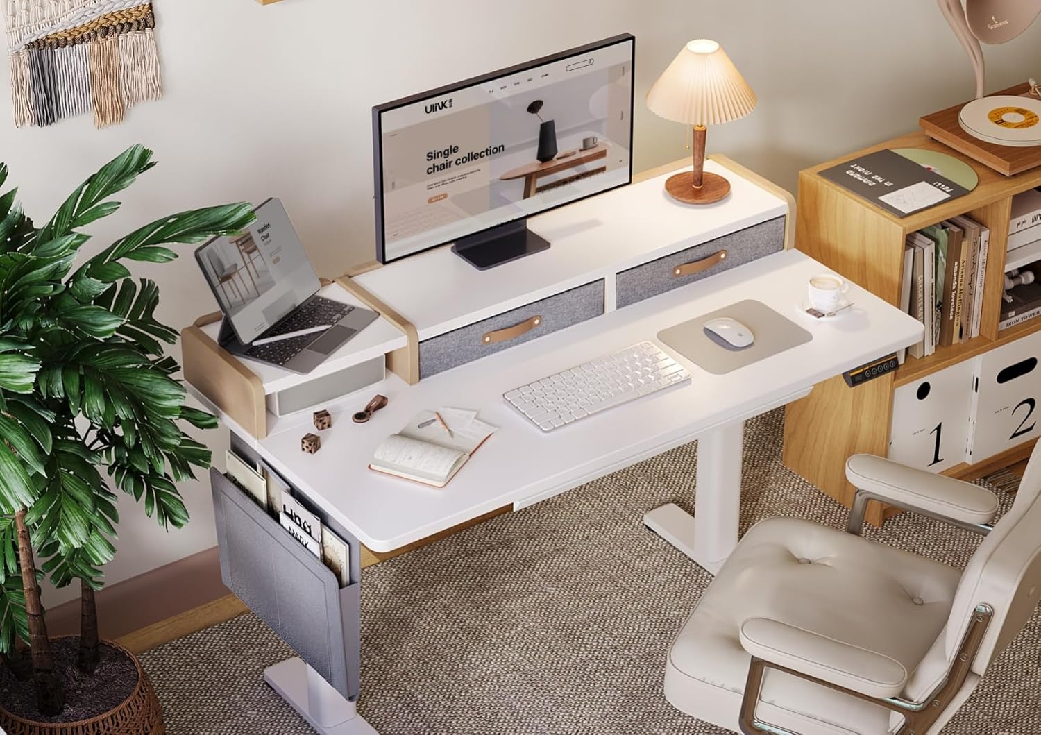 image:imageClaiks Standing Desk with Drawers amp Power Outlet 48 Height Adjustable Computer Desk with USB C Port Sit Stand Home Office Desk with Monitor Stand Storage Shelves amp Side Bag WhiteWhite