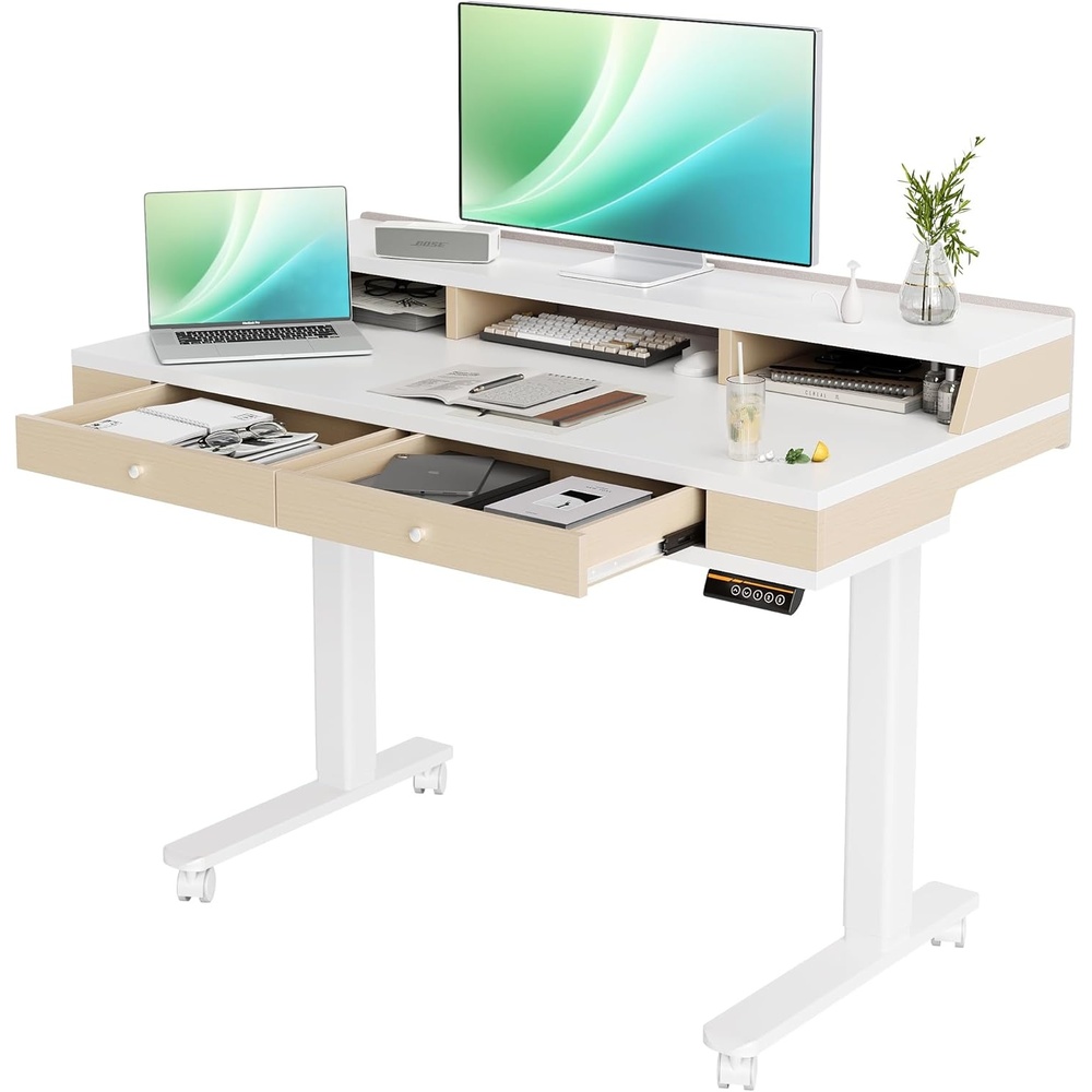 image:imageClaiks Electric Adjustable Standing Desk with Drawers Sit Stand Up Desk with Storage Shelves amp Wheels 55 Inch WhiteWhite