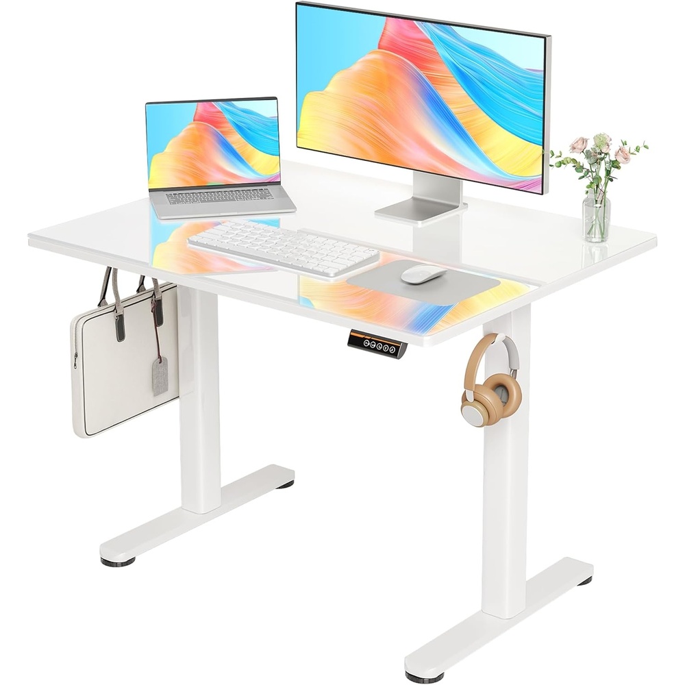 image:imageClaiks Glass Standing Desk 48x24 Inch Electric Standing Desk Adjustable Height Quick Install Home Office Computer Desk BlackCool White