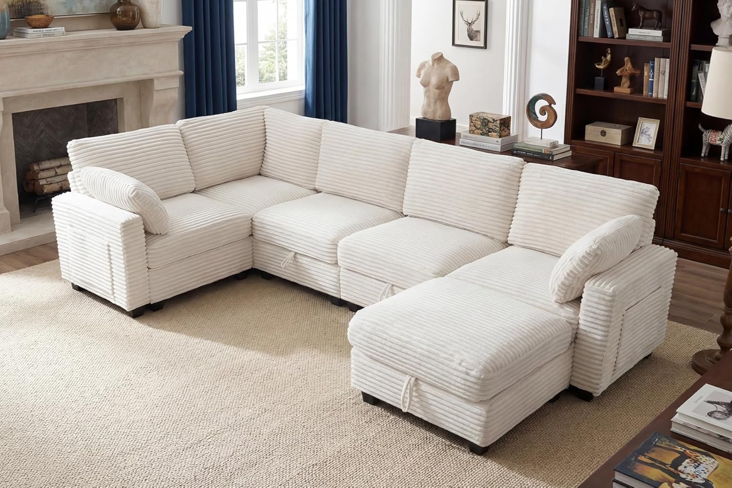 image:imageClaiks 125 Modular Sectional Sofa with Storage U Shaped Cloud Couch with Movable Ottomansamp 2 Pillows Corduroy Deep Seat Sectional Couches for Living Room Apartment GreenBeige