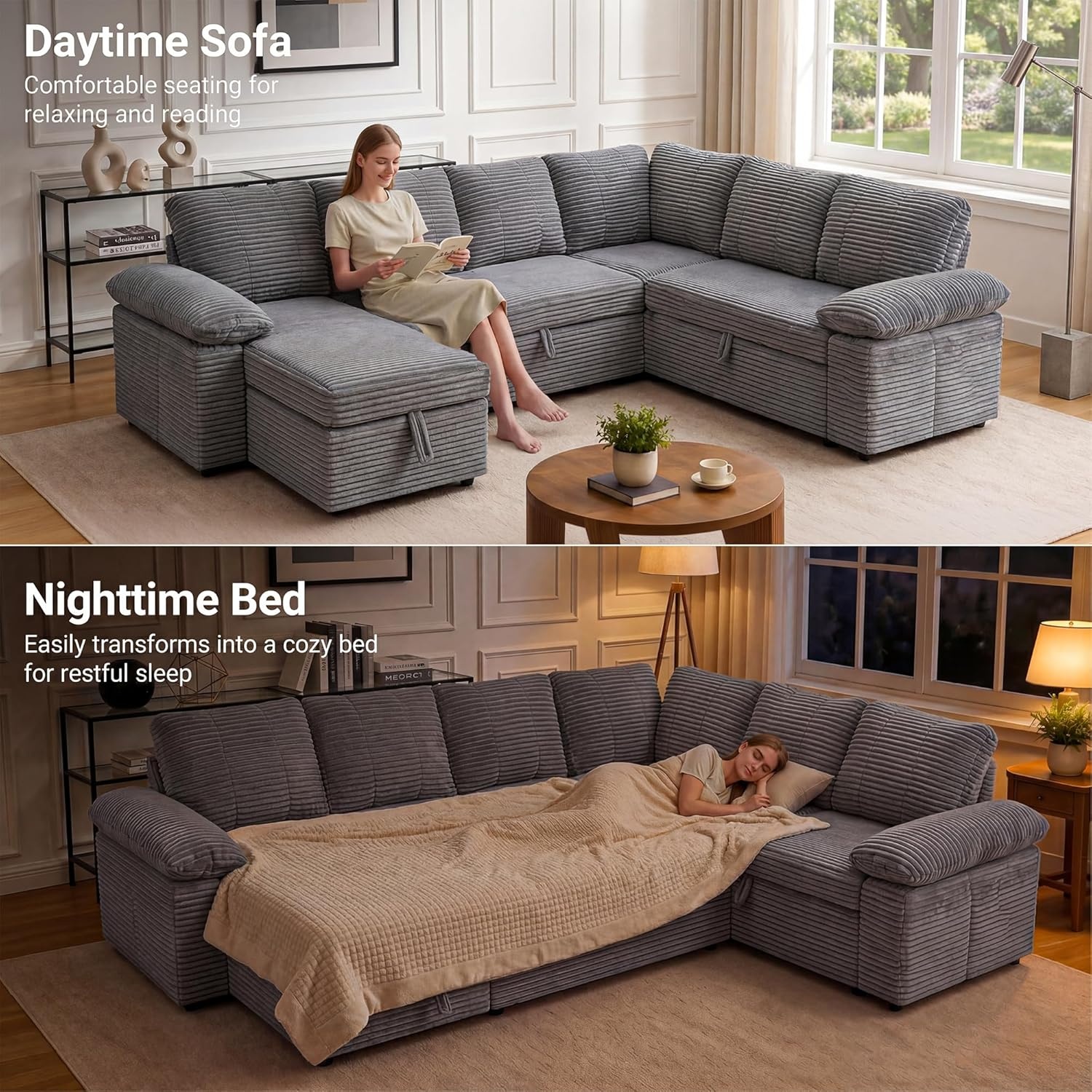 image:imageClaiks 125 Modular Sectional Sofa with Storage U Shaped Cloud Couch with Movable Ottomansamp 2 Pillows Corduroy Deep Seat Sectional Couches for Living Room Apartment GreenDark Grey