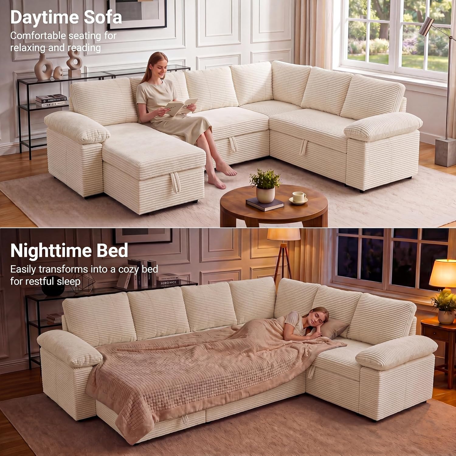 image:imageClaiks 125 Modular Sectional Sofa with Storage U Shaped Cloud Couch with Movable Ottomansamp 2 Pillows Corduroy Deep Seat Sectional Couches for Living Room Apartment GreenBeige