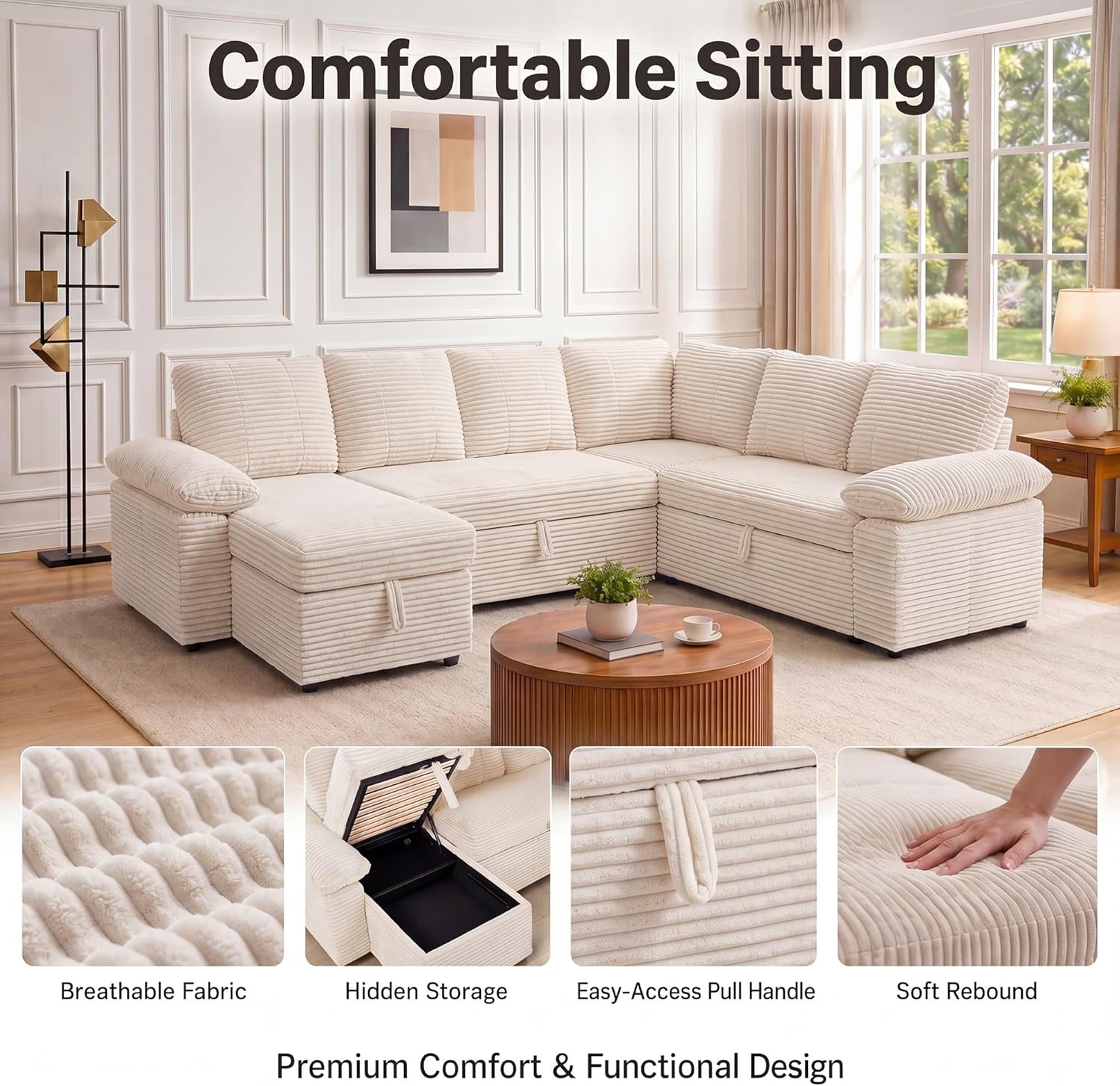 image:imageClaiks 125 Modular Sectional Sofa with Storage U Shaped Cloud Couch with Movable Ottomansamp 2 Pillows Corduroy Deep Seat Sectional Couches for Living Room Apartment GreenBeige