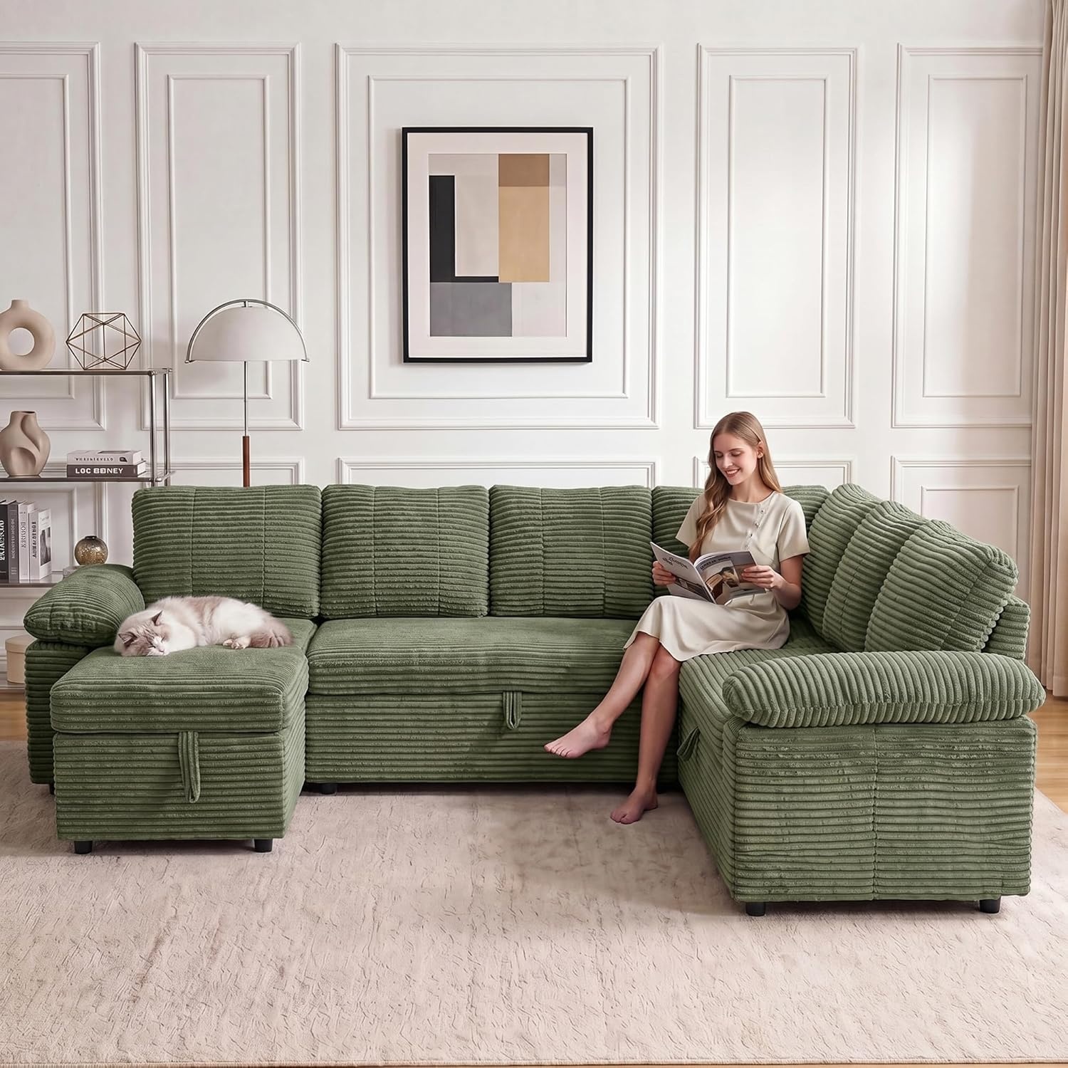 image:imageClaiks 125 Modular Sectional Sofa with Storage U Shaped Cloud Couch with Movable Ottomansamp 2 Pillows Corduroy Deep Seat Sectional Couches for Living Room Apartment GreenGreen