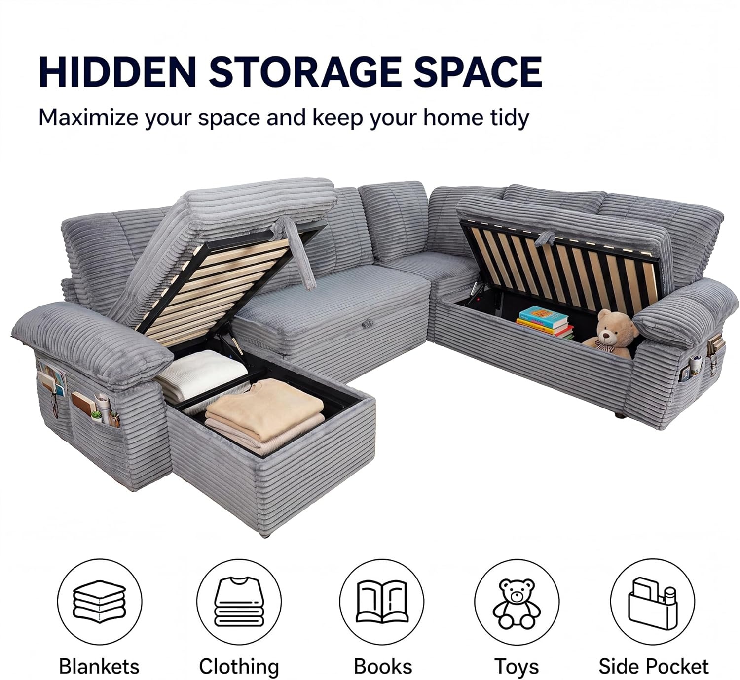 image:imageClaiks 125 Modular Sectional Sofa with Storage U Shaped Cloud Couch with Movable Ottomansamp 2 Pillows Corduroy Deep Seat Sectional Couches for Living Room Apartment GreenDark Grey