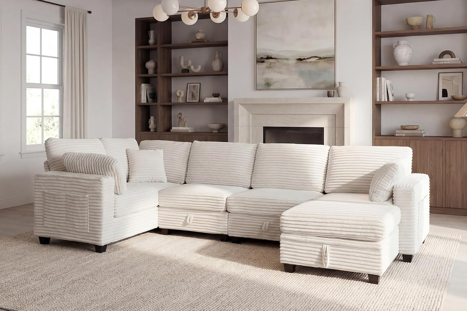 image:imageClaiks 125 Modular Sectional Sofa with Storage U Shaped Cloud Couch with Movable Ottomansamp 2 Pillows Corduroy Deep Seat Sectional Couches for Living Room Apartment GreenBeige