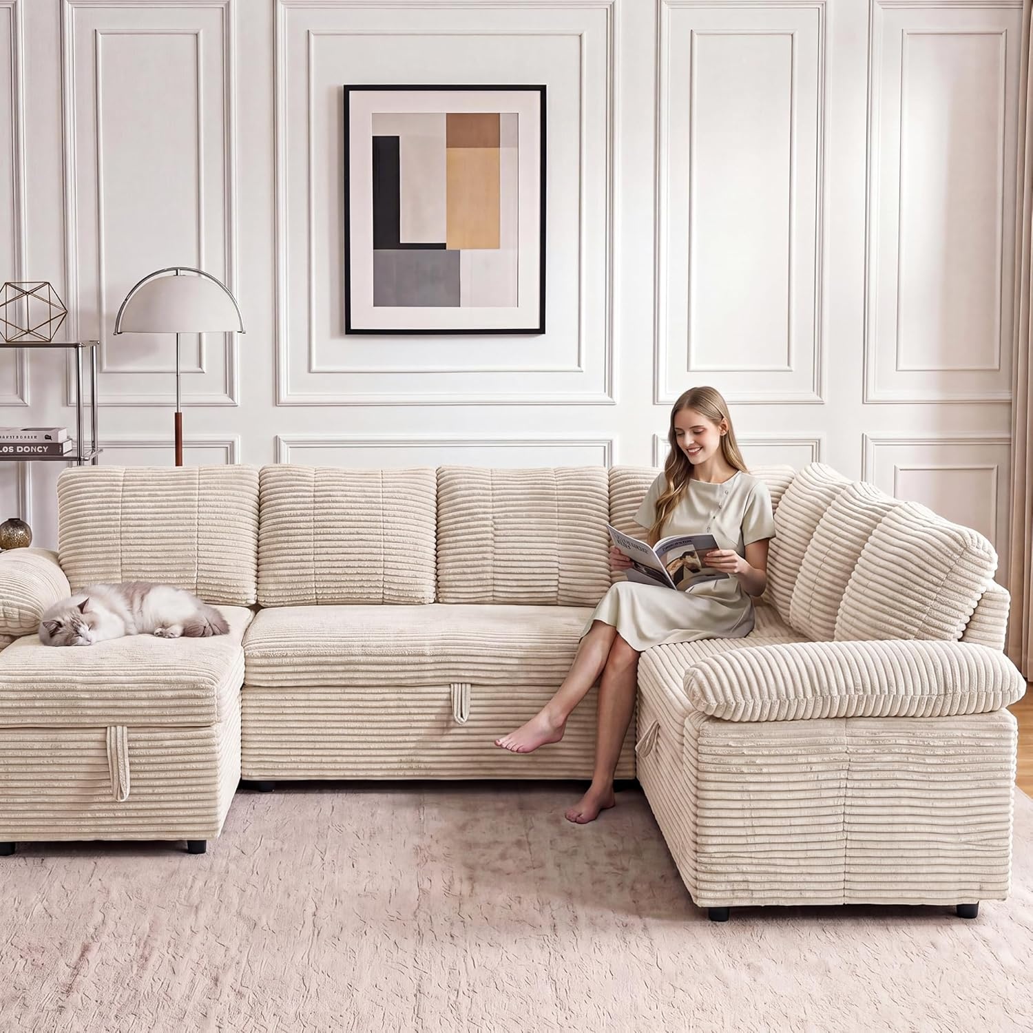 image:imageClaiks 125 Modular Sectional Sofa with Storage U Shaped Cloud Couch with Movable Ottomansamp 2 Pillows Corduroy Deep Seat Sectional Couches for Living Room Apartment GreenBeige