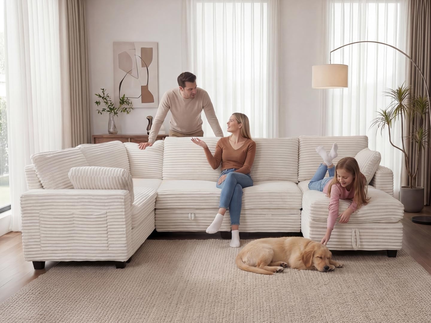 image:imageClaiks 125 Modular Sectional Sofa with Storage U Shaped Cloud Couch with Movable Ottomansamp 2 Pillows Corduroy Deep Seat Sectional Couches for Living Room Apartment GreenBeige