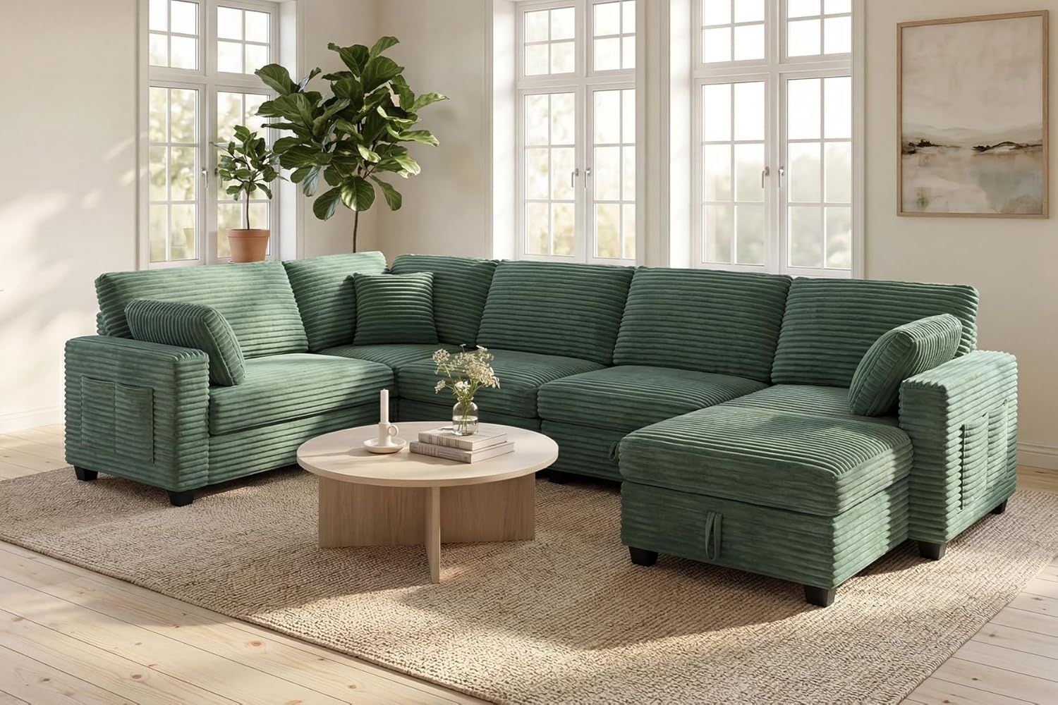 image:imageClaiks 125 Modular Sectional Sofa with Storage U Shaped Cloud Couch with Movable Ottomansamp 2 Pillows Corduroy Deep Seat Sectional Couches for Living Room Apartment GreenGreen