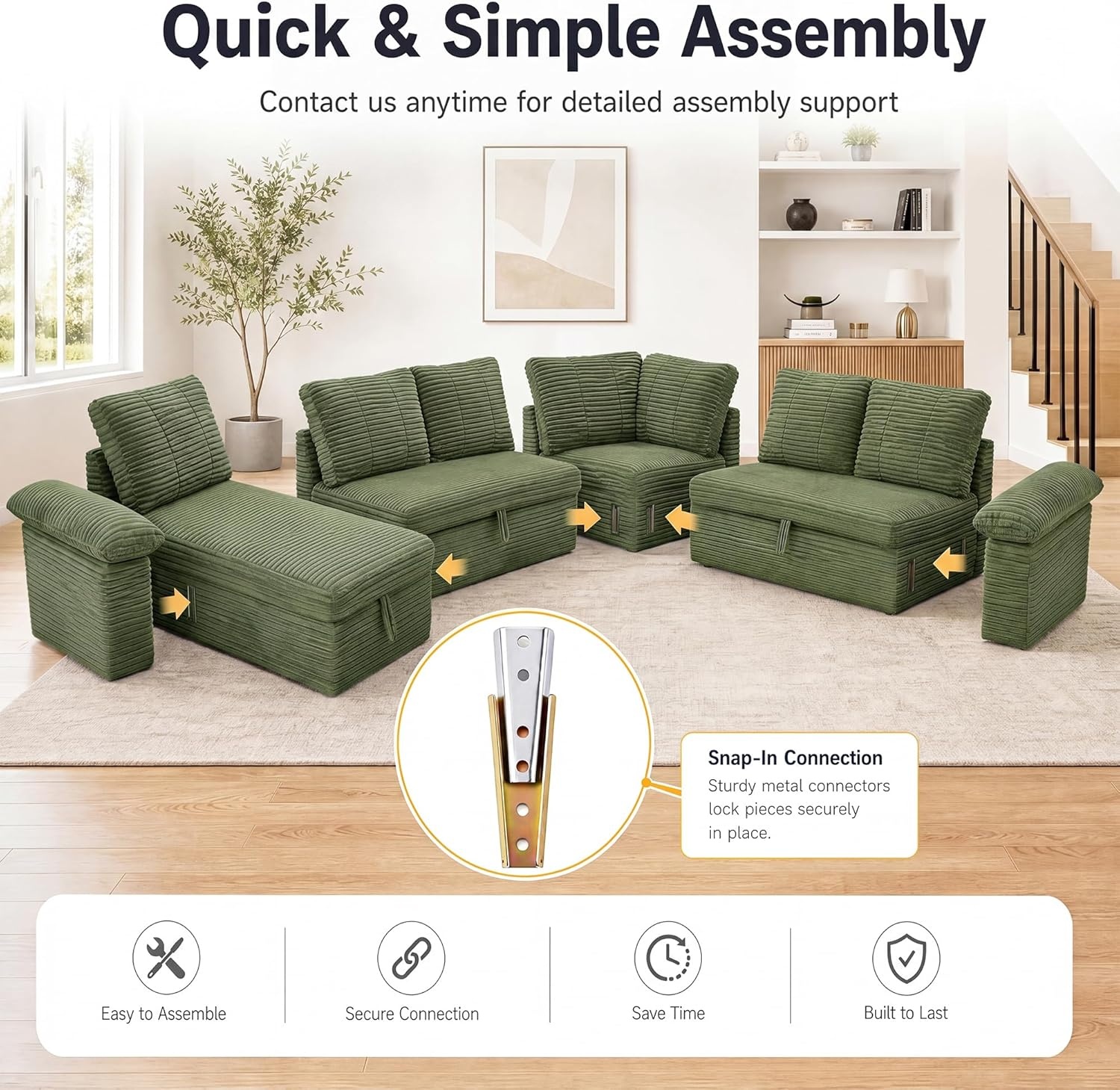 image:imageClaiks 125 Modular Sectional Sofa with Storage U Shaped Cloud Couch with Movable Ottomansamp 2 Pillows Corduroy Deep Seat Sectional Couches for Living Room Apartment GreenGreen