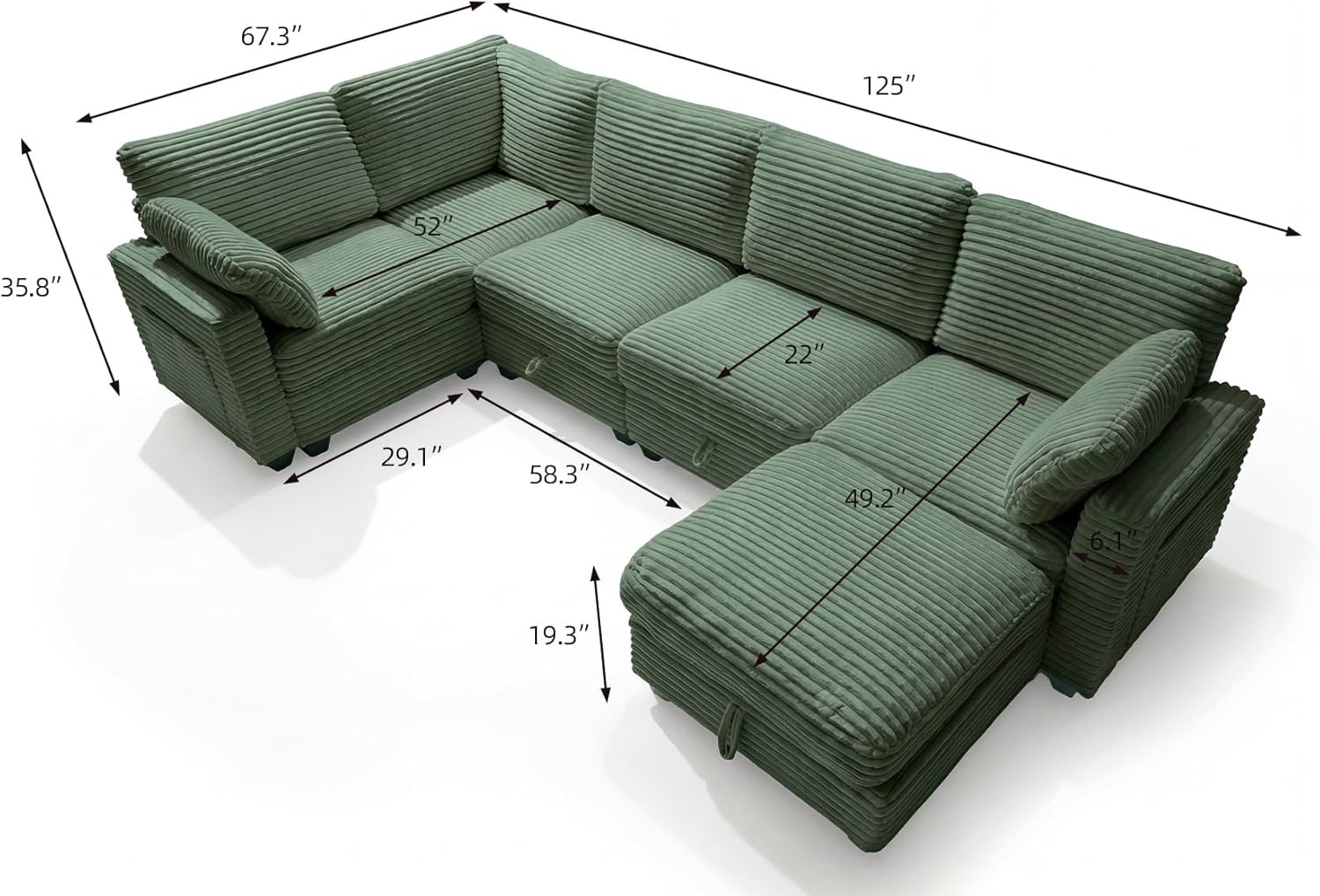 image:imageClaiks 125 Modular Sectional Sofa with Storage U Shaped Cloud Couch with Movable Ottomansamp 2 Pillows Corduroy Deep Seat Sectional Couches for Living Room Apartment GreenGreen