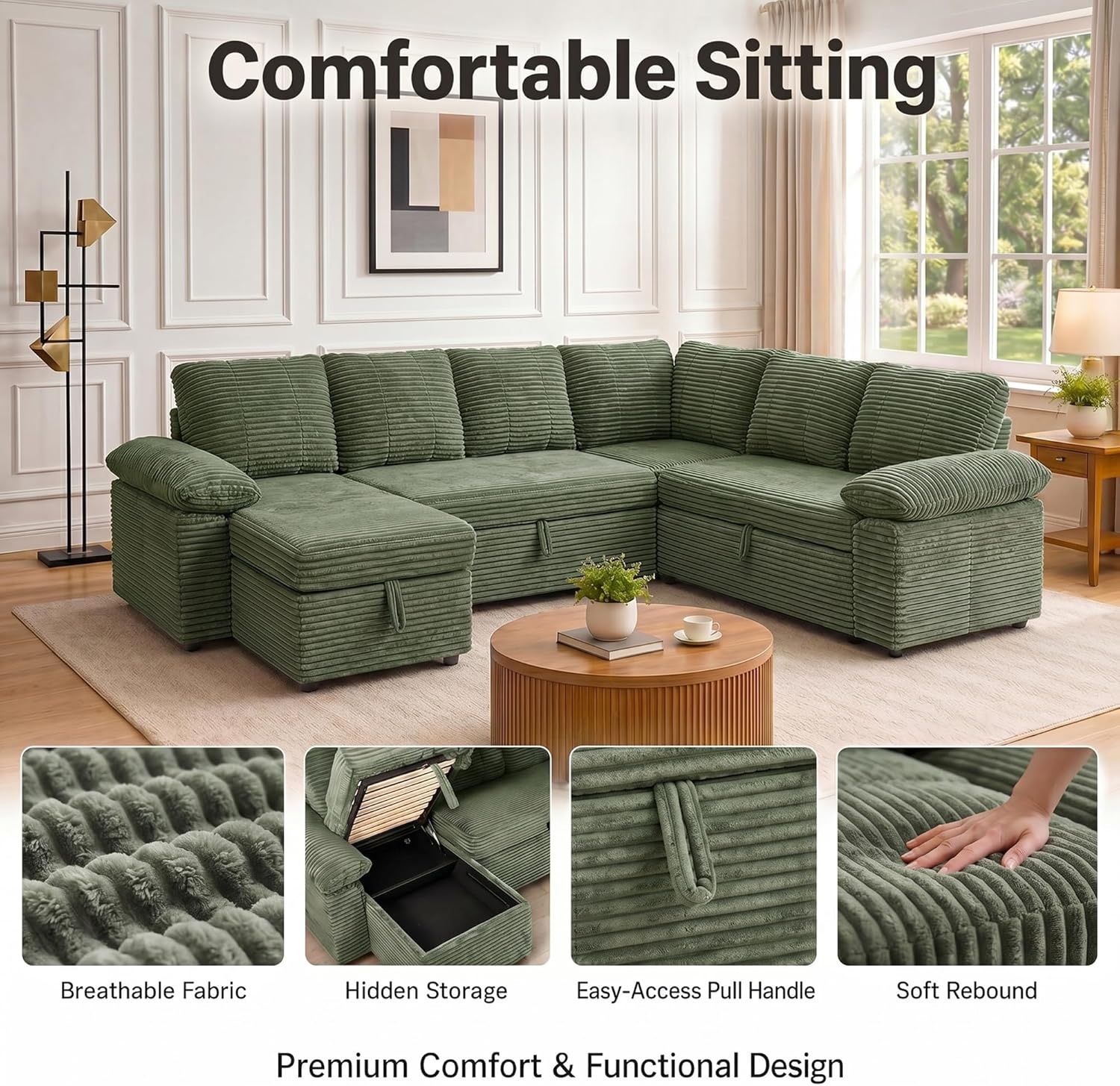 image:imageClaiks 125 Modular Sectional Sofa with Storage U Shaped Cloud Couch with Movable Ottomansamp 2 Pillows Corduroy Deep Seat Sectional Couches for Living Room Apartment GreenGreen
