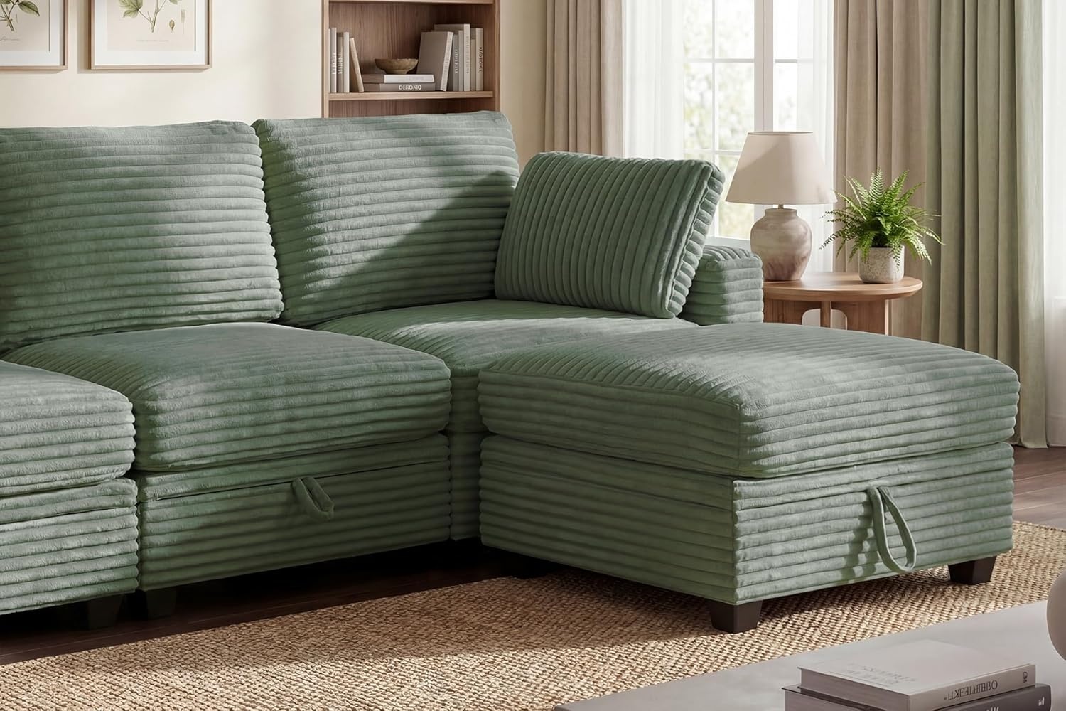image:imageClaiks 125 Modular Sectional Sofa with Storage U Shaped Cloud Couch with Movable Ottomansamp 2 Pillows Corduroy Deep Seat Sectional Couches for Living Room Apartment GreenGreen