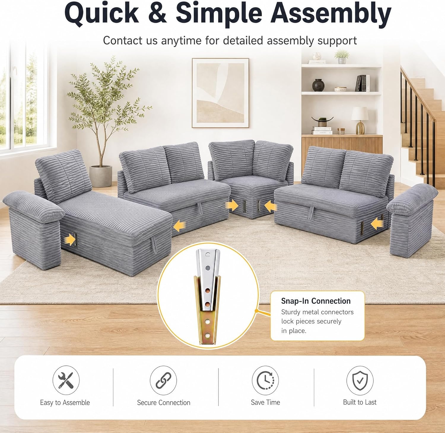 image:imageClaiks 125 Modular Sectional Sofa with Storage U Shaped Cloud Couch with Movable Ottomansamp 2 Pillows Corduroy Deep Seat Sectional Couches for Living Room Apartment GreenDark Grey