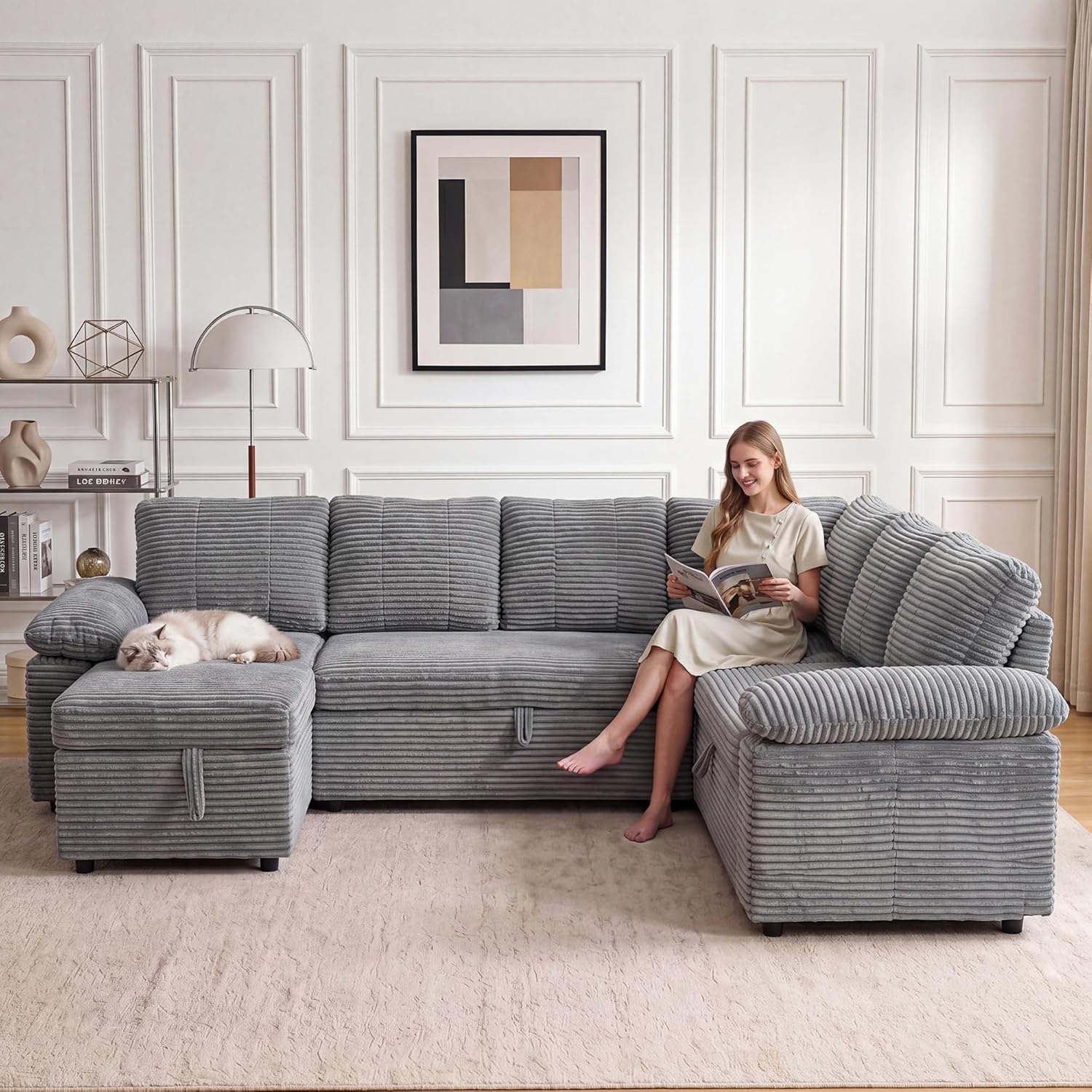 image:imageClaiks 125 Modular Sectional Sofa with Storage U Shaped Cloud Couch with Movable Ottomansamp 2 Pillows Corduroy Deep Seat Sectional Couches for Living Room Apartment GreenDark Grey
