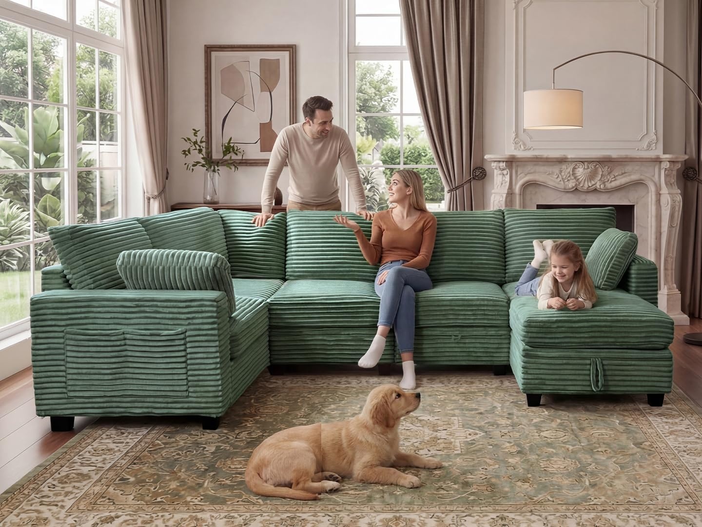 image:imageClaiks 125 Modular Sectional Sofa with Storage U Shaped Cloud Couch with Movable Ottomansamp 2 Pillows Corduroy Deep Seat Sectional Couches for Living Room Apartment GreenGreen