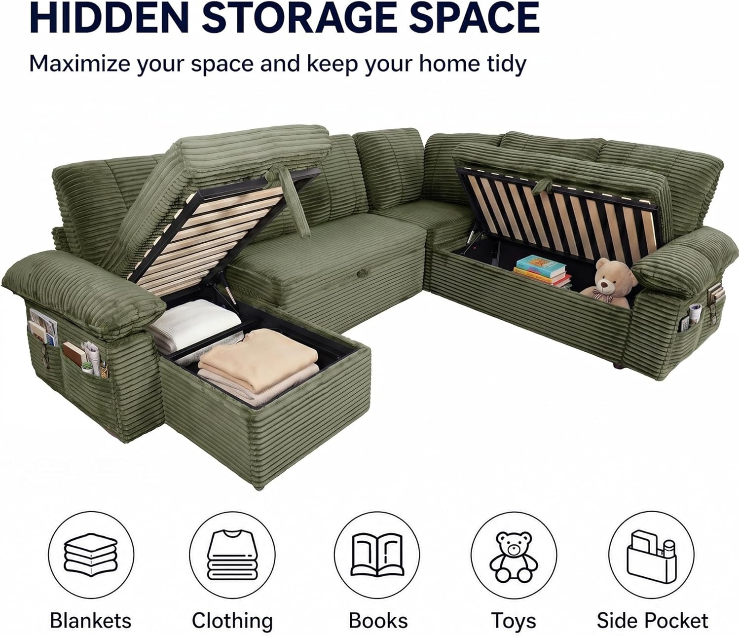 image:imageClaiks 125 Modular Sectional Sofa with Storage U Shaped Cloud Couch with Movable Ottomansamp 2 Pillows Corduroy Deep Seat Sectional Couches for Living Room Apartment GreenGreen