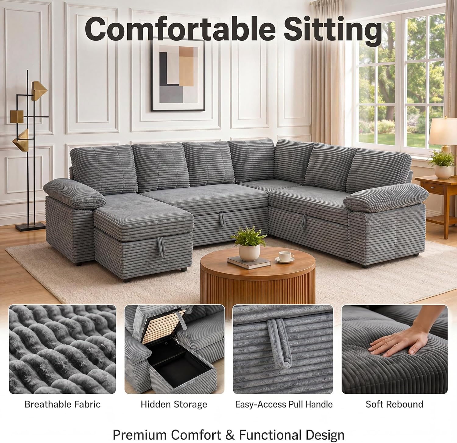 image:imageClaiks 125 Modular Sectional Sofa with Storage U Shaped Cloud Couch with Movable Ottomansamp 2 Pillows Corduroy Deep Seat Sectional Couches for Living Room Apartment GreenDark Grey
