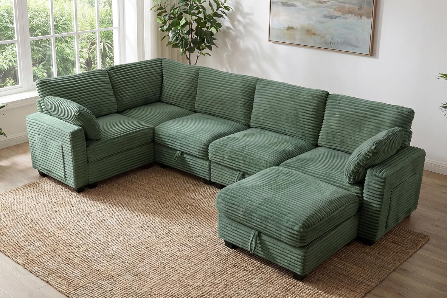 image:imageClaiks 125 Modular Sectional Sofa with Storage U Shaped Cloud Couch with Movable Ottomansamp 2 Pillows Corduroy Deep Seat Sectional Couches for Living Room Apartment GreenGreen