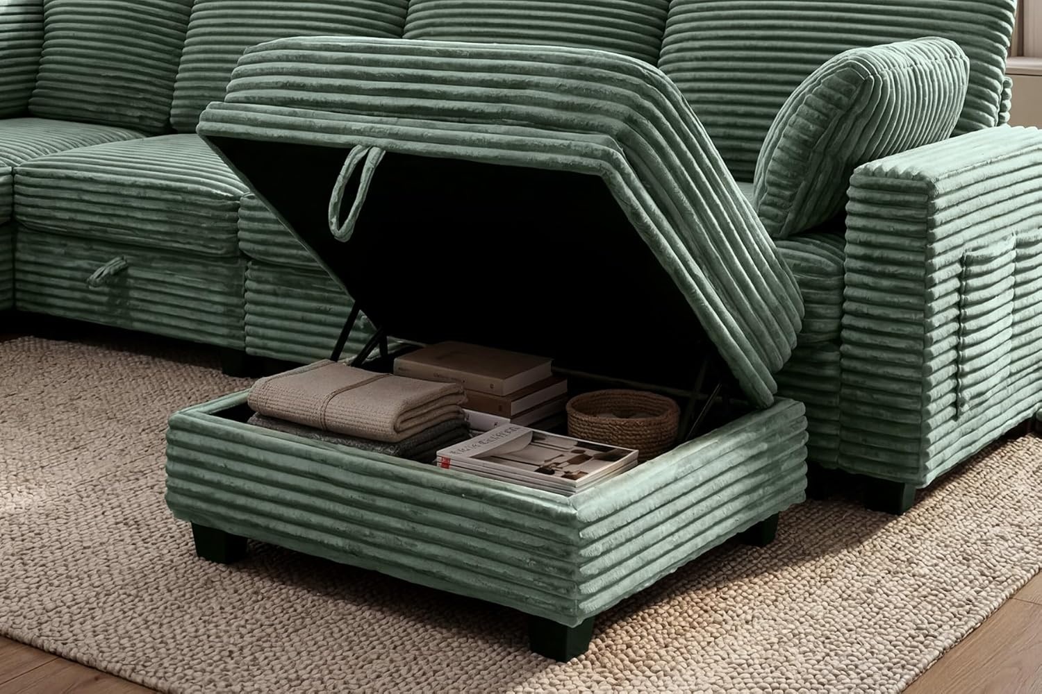 image:imageClaiks 125 Modular Sectional Sofa with Storage U Shaped Cloud Couch with Movable Ottomansamp 2 Pillows Corduroy Deep Seat Sectional Couches for Living Room Apartment GreenGreen