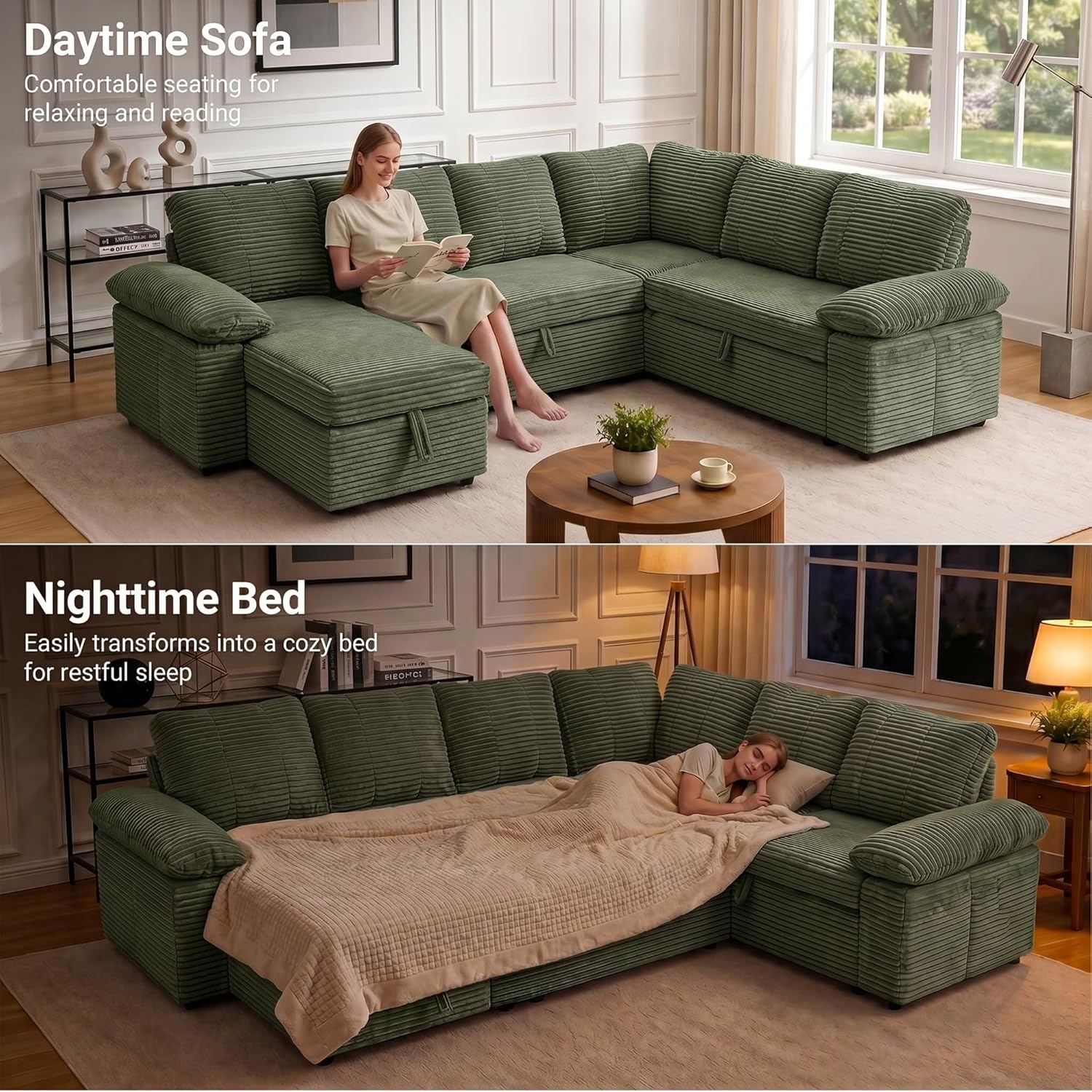 image:imageClaiks 125 Modular Sectional Sofa with Storage U Shaped Cloud Couch with Movable Ottomansamp 2 Pillows Corduroy Deep Seat Sectional Couches for Living Room Apartment GreenGreen