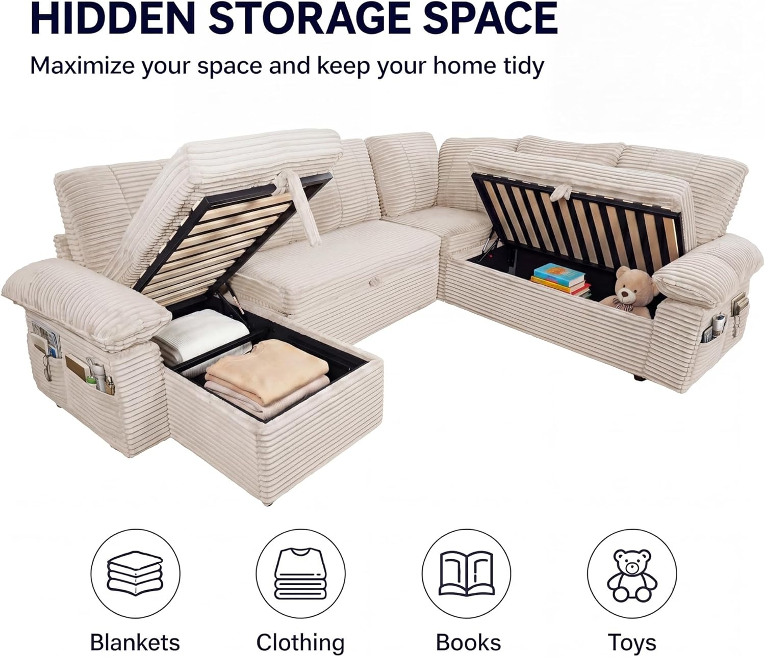 image:imageClaiks 125 Modular Sectional Sofa with Storage U Shaped Cloud Couch with Movable Ottomansamp 2 Pillows Corduroy Deep Seat Sectional Couches for Living Room Apartment GreenBeige