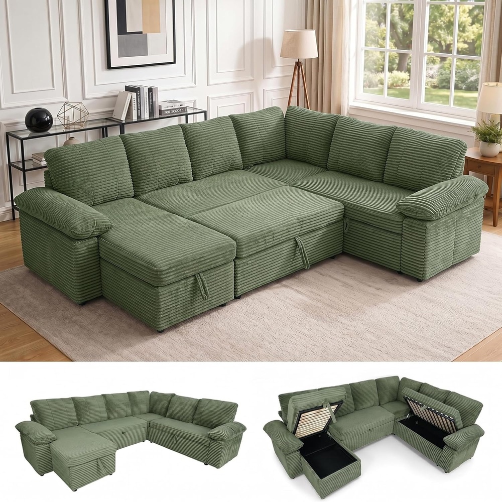 image:imageClaiks 125 Modular Sectional Sofa with Storage U Shaped Cloud Couch with Movable Ottomansamp 2 Pillows Corduroy Deep Seat Sectional Couches for Living Room Apartment GreenGreen