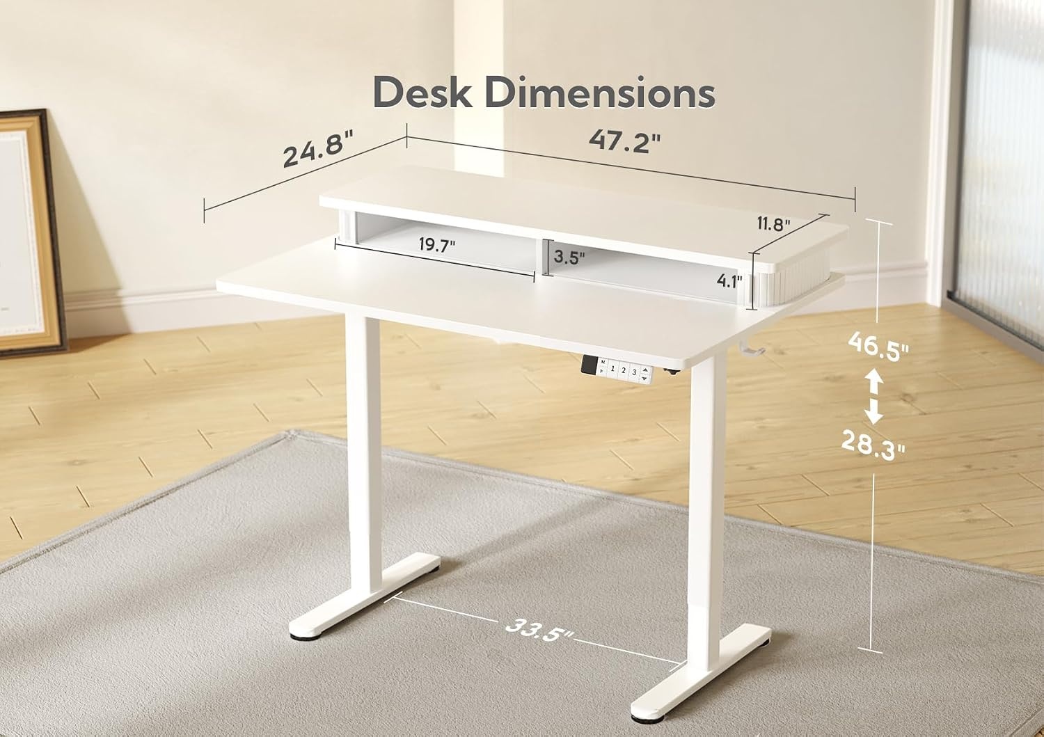 image:imageClaiks Standing Desk with Monitor Shelf 48 x 24 Inch Electric Height Adjustable Desk with 3 Memory Presets Sit Stand Computer Desk for Home Office WhiteWhite