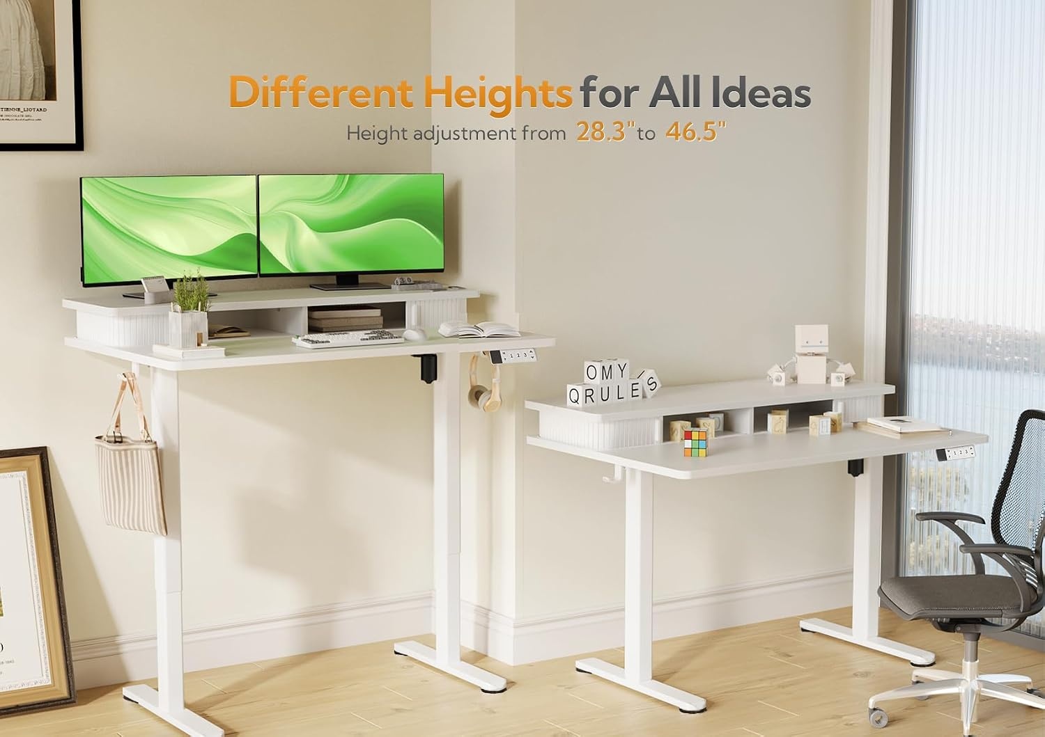 image:imageClaiks Standing Desk with Monitor Shelf 48 x 24 Inch Electric Height Adjustable Desk with 3 Memory Presets Sit Stand Computer Desk for Home Office WhiteWhite