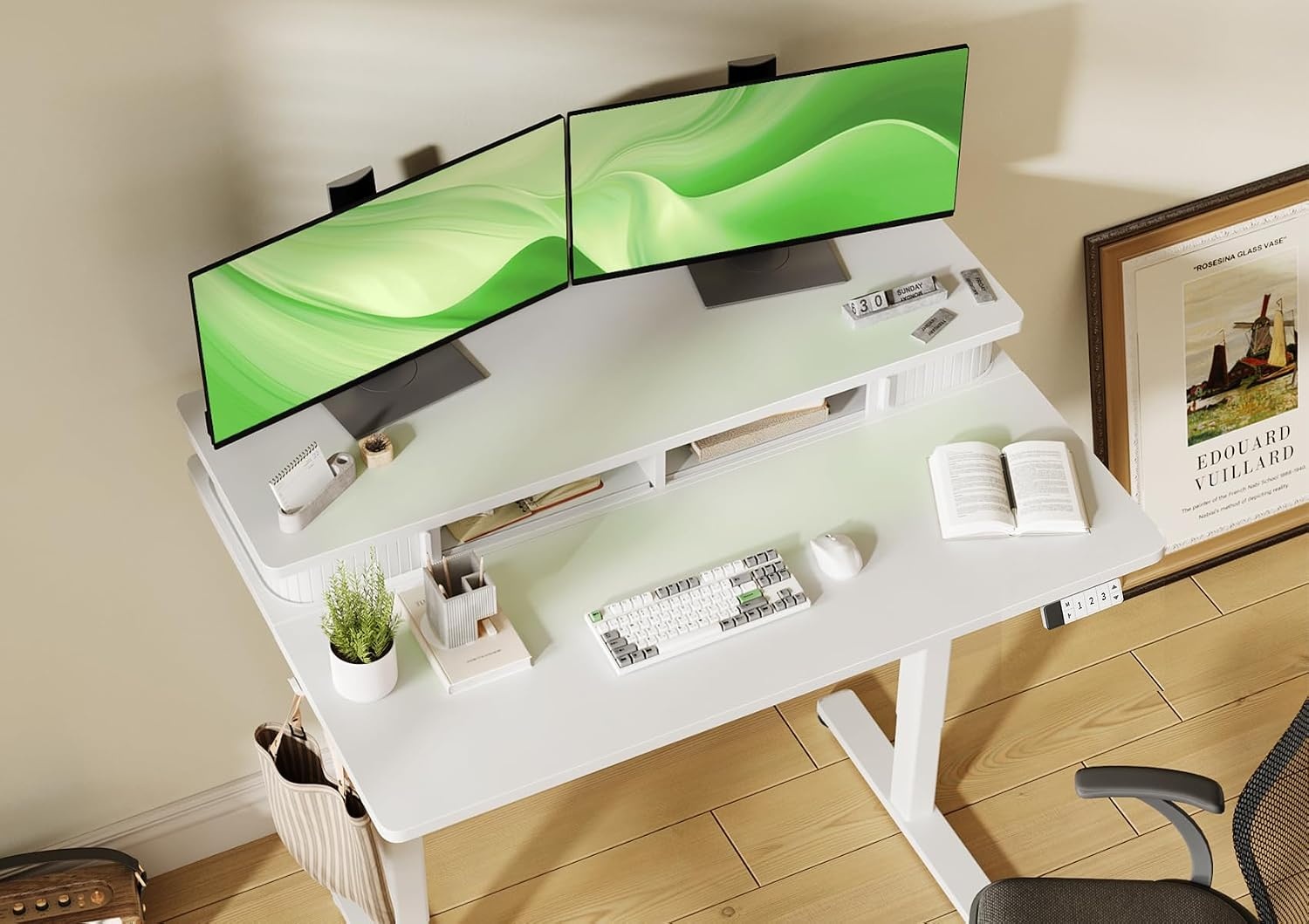 image:imageClaiks Standing Desk with Monitor Shelf 48 x 24 Inch Electric Height Adjustable Desk with 3 Memory Presets Sit Stand Computer Desk for Home Office WhiteWhite