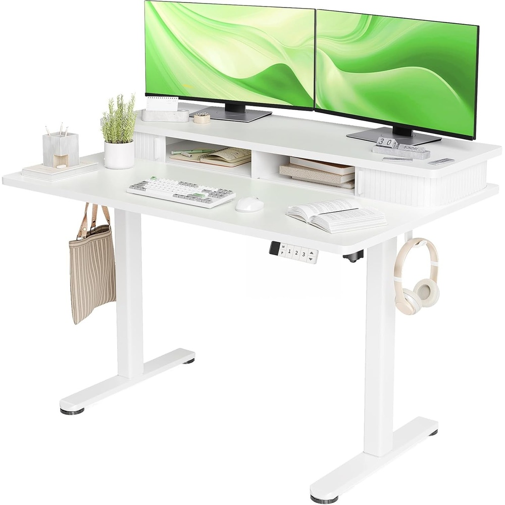 image:imageClaiks Standing Desk with Monitor Shelf 48 x 24 Inch Electric Height Adjustable Desk with 3 Memory Presets Sit Stand Computer Desk for Home Office WhiteWhite